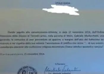 GIADA VITALE: LA DIOCESI E LA PARROCCHIA DI PORTOCANNONE LE COMUNICANO L’AVVENUTO SBATTEZZO. Un caso seguito dalla Rete L’ABUSO