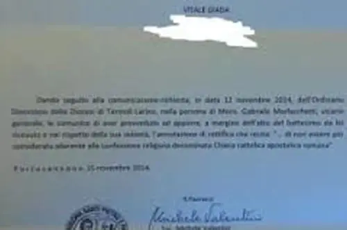 GIADA VITALE: LA DIOCESI E LA PARROCCHIA DI PORTOCANNONE LE COMUNICANO L’AVVENUTO SBATTEZZO. Un caso seguito dalla Rete L’ABUSO
