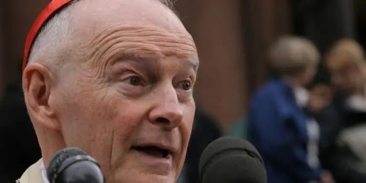 (FILES) In this file photo taken on April 3, 2005 Cardinal Theodore McCarrick, Archbishop of Washington speaks to reporters outside the Cathedral of Saint Matthew the Apostle in Washington, DC.
The former archbishop of Washington, Cardinal Theodore McCarrick, has been removed from ministry following allegations that he sexually abused a teenager nearly 50 years ago when he was a priest in New York. McCarrick, 87, is one of the most prominent American cardinals active on the international stage, and the charges make him one of the most high-profile Catholic leaders to face allegations of abuse.
 / AFP PHOTO / Nicholas KAMM / The erroneous mention[s] appearing in the metadata of this photo by Nicholas KAMM has been modified in AFP systems in the following manner: [The former archbishop of Washington, Cardinal Theodore McCarrick, has been removed from ministry following allegations that he sexually abused a teenager nearly 50 years ago when he was a priest in New York.]. Please immediately remove the erroneous mention[s] from all your online services and delete it (them) from your servers. If you have been authorized by AFP to distribute it (them) to third parties, please ensure that the same actions are carried out by them. Failure to promptly comply with these instructions will entail liability on your part for any continued or post notification usage. Therefore we thank you very much for all your attention and prompt action. We are sorry for the inconvenience this notification may cause and remain at your disposal for any further information you may require.