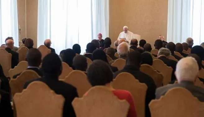 Foto Vatican Media/LaPresse17-05-2019 Città del Vaticano - ItaliaCronacaPapa Francesco in Udienza con i partecipanti al Capitolo Generale della Società delle Missioni Africane.
Alle ore 11.00 di questa mattina, nella Sala del Concistoro del Palazzo Apostolico Vaticano, il Santo Padre Francesco ha ricevuto in Udienza i partecipanti al Capitolo Generale della Società delle Missioni Africane (SMA), che si tiene a Roma dal 30 aprile al 24 maggio, sul tema: ?Una famiglia fedele al suo carisma missionario nel contesto complesso e mutevole di oggi?.
DISTRIBUTION FREE OF CHRGE - NOT FOR SALE