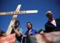 Advocates for zero tolerence of clergy sexual abuse including Tim Law, left, Denise Buchanan and Peter Isely attend a march with survivors of clergy sexual abuse and activists near the Vatican in Rome Sept. 27, 2023. (OSV News photo/Guglielmo Mangiapane, Reuters)