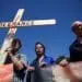 Advocates for zero tolerence of clergy sexual abuse including Tim Law, left, Denise Buchanan and Peter Isely attend a march with survivors of clergy sexual abuse and activists near the Vatican in Rome Sept. 27, 2023. (OSV News photo/Guglielmo Mangiapane, Reuters)