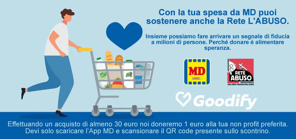 Effettuando un acquisto di almeno 30 euro noi doneremo 1 euro alla tua non profit preferita. Devi solo scaricare l’App MD e scansionare il QR code presente sullo scontrino.
