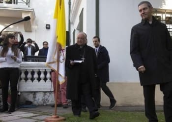 Archbishop of Malta Charles Scicluna (L) and Spanish priest Jordi Bertomeu (R) arrive at a press conference at the Apostolic Nunciature in Santiago on June 12, 2018.
Scicluna, the Vatican's top abuse investigator, and another papal envoy Jordi Bertomeu arrived in Chile on Tuesday. The two officials are to travel to Osorno, the Catholic diocese that was led by controversial bishop Juan Barros, one of three bishops whose resignation Francis accepted on Monday, following a child sex abuse scandal which has come to haunt his papacy.
 / AFP PHOTO / CLAUDIO REYES