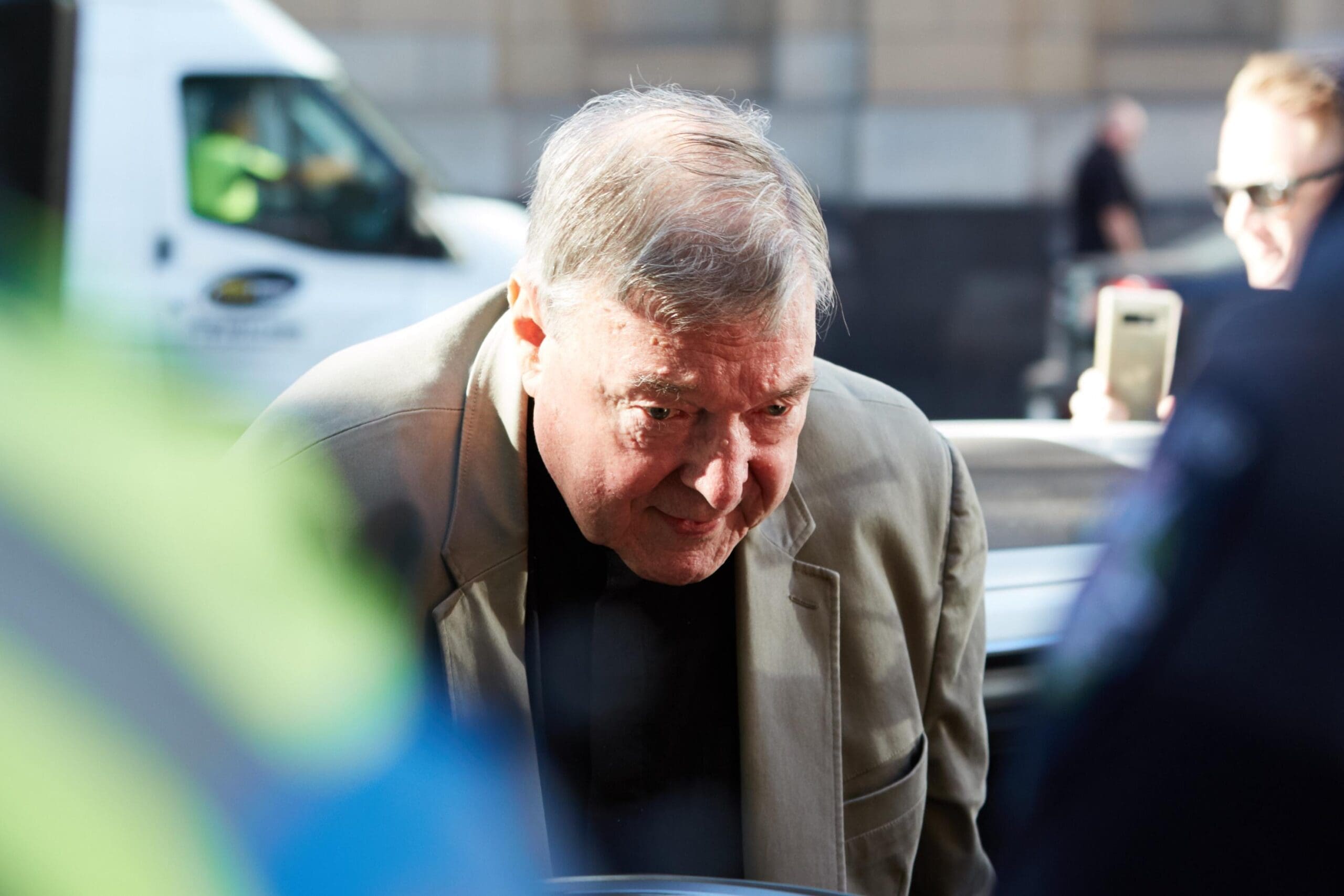 epa07399877 Cardinal George Pell arrives at County Court in Melbourne, Australia, 27 February 2019. Australia's most senior Catholic Cardinal George Pell was found guilty on five charges of child sexual assault after an unanimous verdict on 11 December 2018, the results of which were under a suppression order until being lifted on 26 February 2019.  EPA/ERIK ANDERSON  AUSTRALIA AND NEW ZEALAND OUT