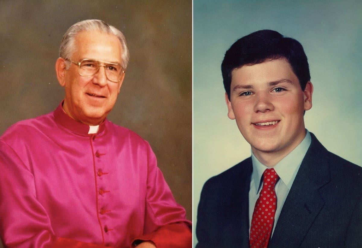 Left: Monsignor Daniel Martin. Right: James Faluszczak's senior portrait.  Faluszczak says he was molested by Martin between the ages of 16 and 19 years old.  (Images courtest of Faluszczak)